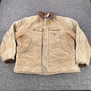 Carhartt Duck Canvas Jacket Mens XL Tan Corduroy Collar Thrashed Lined Work Coat